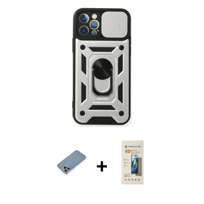 MARSİLYAN™- iPhone 12 Pro Kılıf Ahenk Klasik - Siyah 6D Mat Seramik Hayalet Nano Ekran Koruyucu + Shine Kamera Lens Koruma Cam - GI