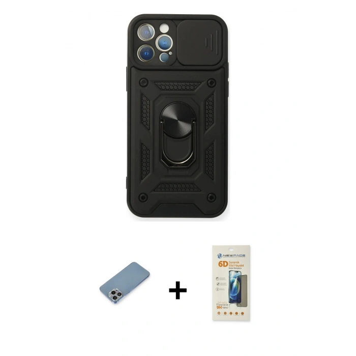 MARSİLYAN™- iPhone 12 Pro Kılıf Ahenk Klasik - Siyah 6D Mat Seramik Hayalet Nano Ekran Koruyucu + Shine Kamera Lens Koruma Cam - GI