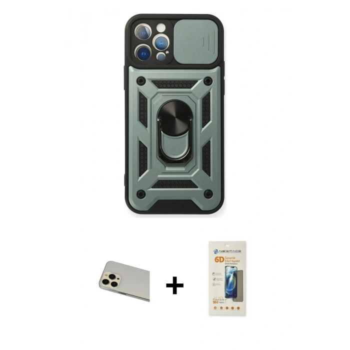 MARSİLYAN™- iPhone 12 Pro Kılıf Ahenk Klasik - Siyah 6D Mat Seramik Hayalet Nano Ekran Koruyucu + Rainbow Kamera Lens Koruma Cam - GD