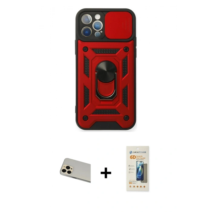 MARSİLYAN™- iPhone 12 Pro Kılıf Ahenk Klasik - Siyah 6D Mat Seramik Hayalet Nano Ekran Koruyucu + Rainbow Kamera Lens Koruma Cam - GD