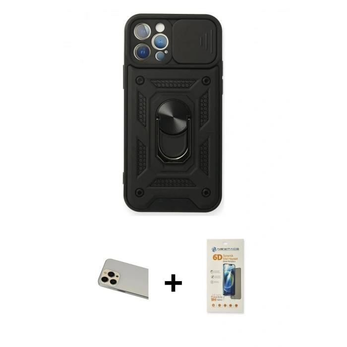 MARSİLYAN™- iPhone 12 Pro Kılıf Ahenk Klasik - Siyah 6D Mat Seramik Hayalet Nano Ekran Koruyucu + Rainbow Kamera Lens Koruma Cam - GD