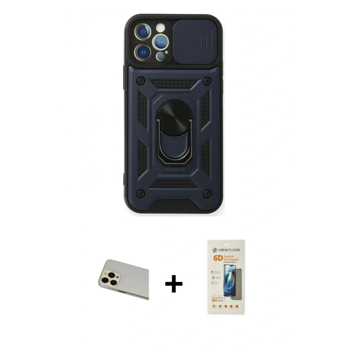 MARSİLYAN™- iPhone 12 Pro Kılıf Ahenk Klasik - Siyah 6D Mat Seramik Hayalet Nano Ekran Koruyucu + Rainbow Kamera Lens Koruma Cam - GD