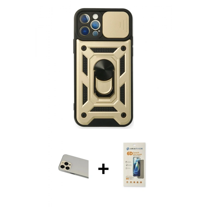 MARSİLYAN™- iPhone 12 Pro Kılıf Ahenk Klasik - Siyah 6D Mat Seramik Hayalet Nano Ekran Koruyucu + Rainbow Kamera Lens Koruma Cam - GD