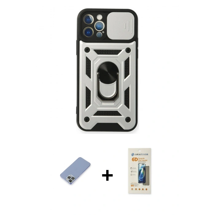 MARSİLYAN™- iPhone 12 Pro Kılıf Ahenk Klasik - Siyah 6D Mat Seramik Hayalet Nano Ekran Koruyucu + Koyu Yeşil Metal Kamera Lens Koruma Cam
