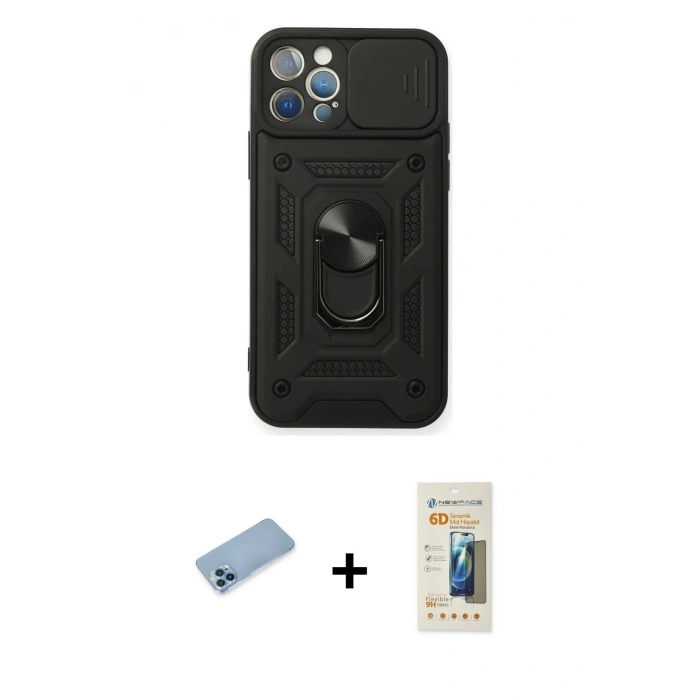 MARSİLYAN™- iPhone 12 Pro Kılıf Ahenk Klasik - Siyah 6D Mat Seramik Hayalet Nano Ekran Koruyucu + Shine Kamera Lens Koruma Cam - MI