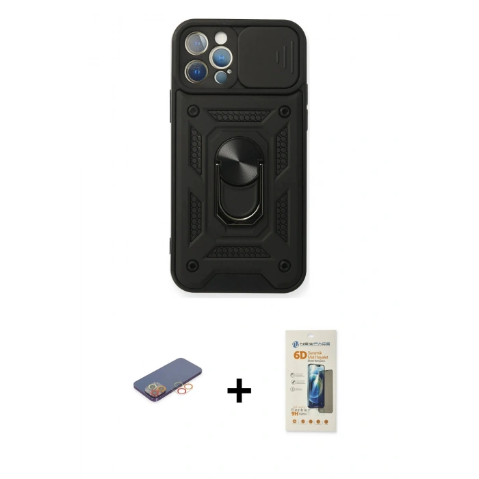 MARSİLYAN™- iPhone 12 Pro Kılıf Ahenk Klasik - Siyah 6D Mat Seramik Hayalet Nano Ekran Koruyucu + Renkli Kamera Lens Koruma Cam - TU