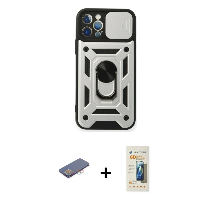 MARSİLYAN™- iPhone 12 Pro Kılıf Ahenk Klasik - Siyah 6D Mat Seramik Hayalet Nano Ekran Koruyucu + Renkli Kamera Lens Koruma Cam - PE