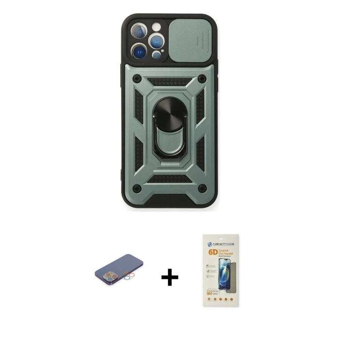 MARSİLYAN™- iPhone 12 Pro Kılıf Ahenk Klasik - Siyah 6D Mat Seramik Hayalet Nano Ekran Koruyucu + Renkli Kamera Lens Koruma Cam - PE