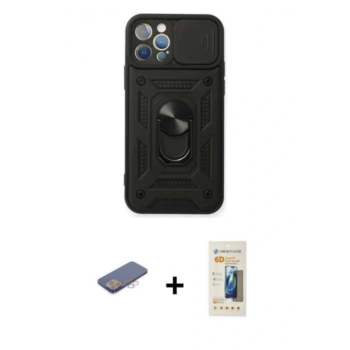 MARSİLYAN™- iPhone 12 Pro Kılıf Ahenk Klasik - Siyah 6D Mat Seramik Hayalet Nano Ekran Koruyucu + Renkli Kamera Lens Koruma Cam - PE