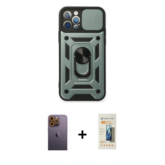 MARSİLYAN™- iPhone 12 Pro Kılıf Ahenk Klasik - Siyah 6D Mat Seramik Hayalet Nano Ekran Koruyucu + Neon Fosforlu Kamera Lens - SI