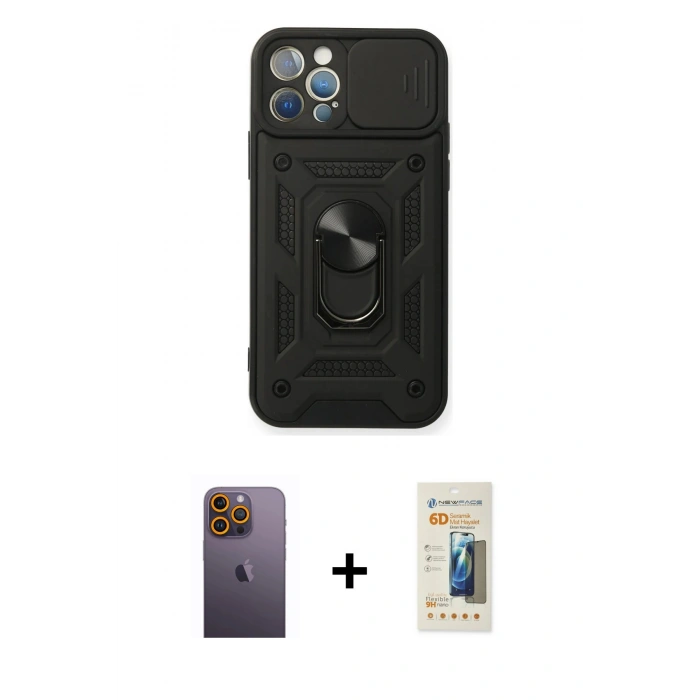 MARSİLYAN™- iPhone 12 Pro Kılıf Ahenk Klasik - Siyah 6D Mat Seramik Hayalet Nano Ekran Koruyucu + Neon Fosforlu Kamera Lens - SI