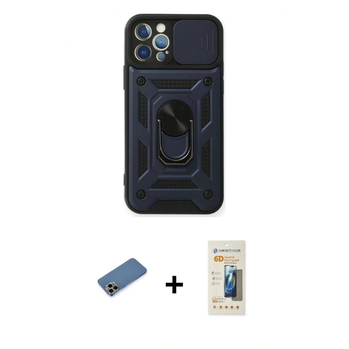 MARSİLYAN™- iPhone 12 Pro Kılıf Ahenk Klasik - Siyah 6D Mat Seramik Hayalet Nano Ekran Koruyucu + Shine Kamera Lens Koruma Cam - GD