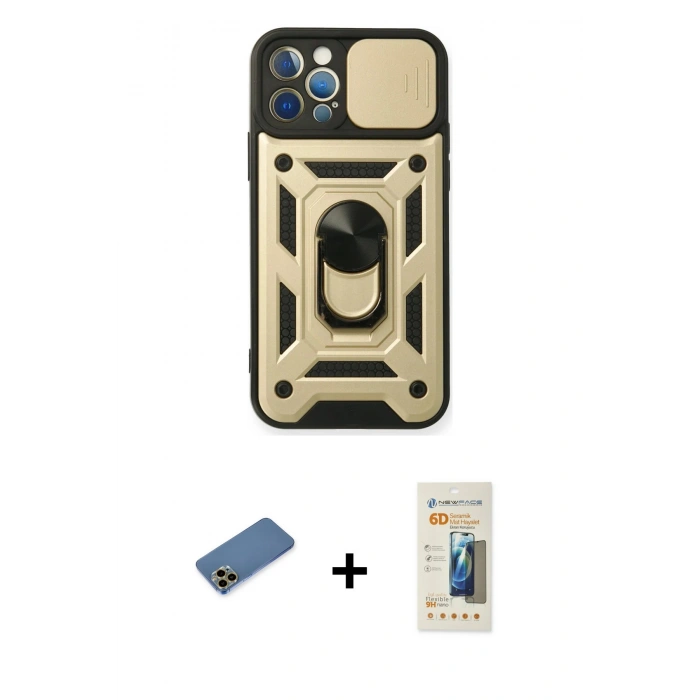 MARSİLYAN™- iPhone 12 Pro Kılıf Ahenk Klasik - Siyah 6D Mat Seramik Hayalet Nano Ekran Koruyucu + Shine Kamera Lens Koruma Cam - GD