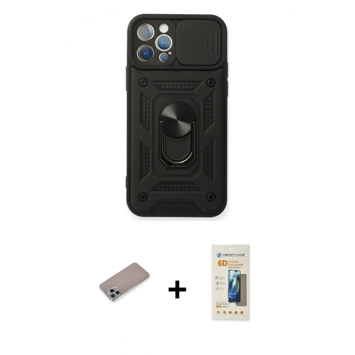 MARSİLYAN™- iPhone 12 Pro Kılıf Ahenk Klasik - Siyah 6D Mat Seramik Hayalet Nano Ekran Koruyucu + Sierra Blue Shine Kamera Lens Koruma Cam