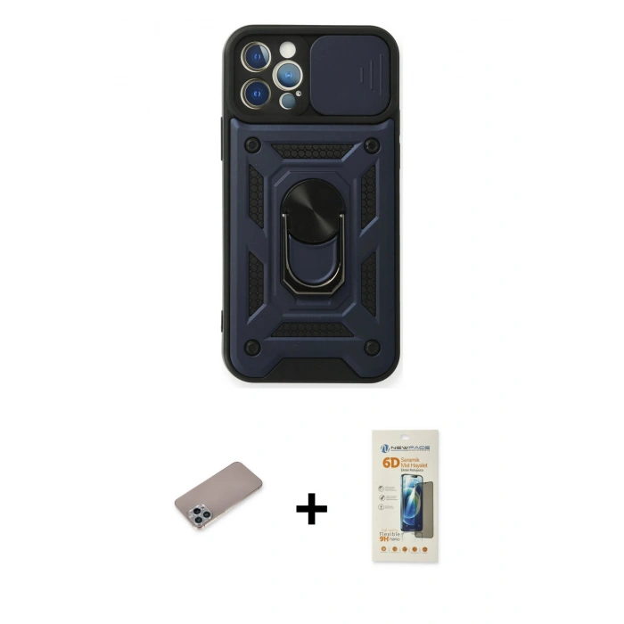 MARSİLYAN™- iPhone 12 Pro Kılıf Ahenk Klasik - Siyah 6D Mat Seramik Hayalet Nano Ekran Koruyucu + Sierra Blue Shine Kamera Lens Koruma Cam
