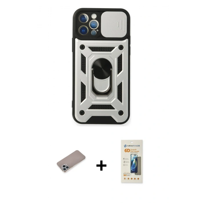 MARSİLYAN™- iPhone 12 Pro Kılıf Ahenk Klasik - Siyah 6D Mat Seramik Hayalet Nano Ekran Koruyucu + Sierra Blue Shine Kamera Lens Koruma Cam