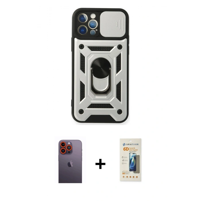 MARSİLYAN™- iPhone 12 Pro Kılıf Ahenk Klasik - Siyah 6D Mat Seramik Hayalet Nano Ekran Koruyucu + Turuncu Neon Fosforlu Kamera Lens