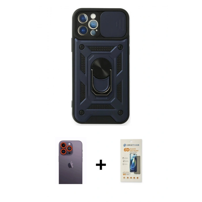 MARSİLYAN™- iPhone 12 Pro Kılıf Ahenk Klasik - Siyah 6D Mat Seramik Hayalet Nano Ekran Koruyucu + Turuncu Neon Fosforlu Kamera Lens
