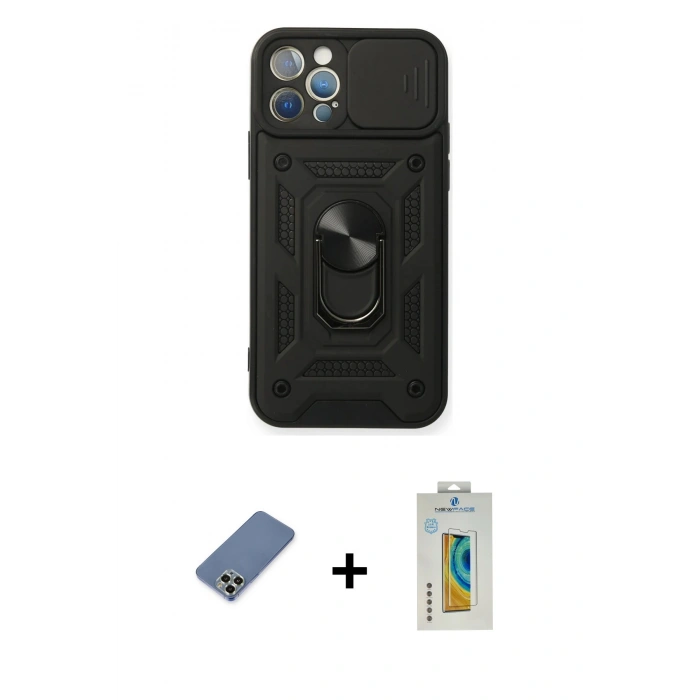MARSİLYAN™- iPhone 12 Pro Kılıf Ahenk Klasik - Siyah Polymer Nano Ekran Koruyucu + Açık Yeşil Metal Kamera Lens Koruma Cam