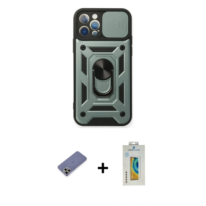 MARSİLYAN™- iPhone 12 Pro Kılıf Ahenk Klasik - Siyah Polymer Nano Ekran Koruyucu + Metal Kamera Lens Koruma Cam - GD
