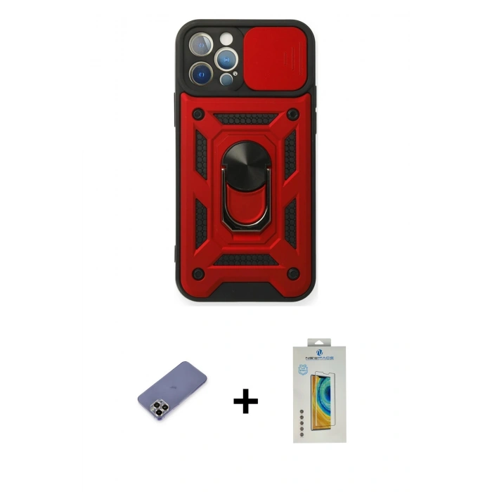 MARSİLYAN™- iPhone 12 Pro Kılıf Ahenk Klasik - Siyah Polymer Nano Ekran Koruyucu + Metal Kamera Lens Koruma Cam - GD