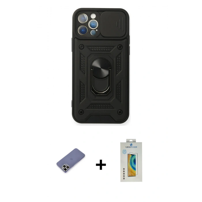 MARSİLYAN™- iPhone 12 Pro Kılıf Ahenk Klasik - Siyah Polymer Nano Ekran Koruyucu + Metal Kamera Lens Koruma Cam - GD