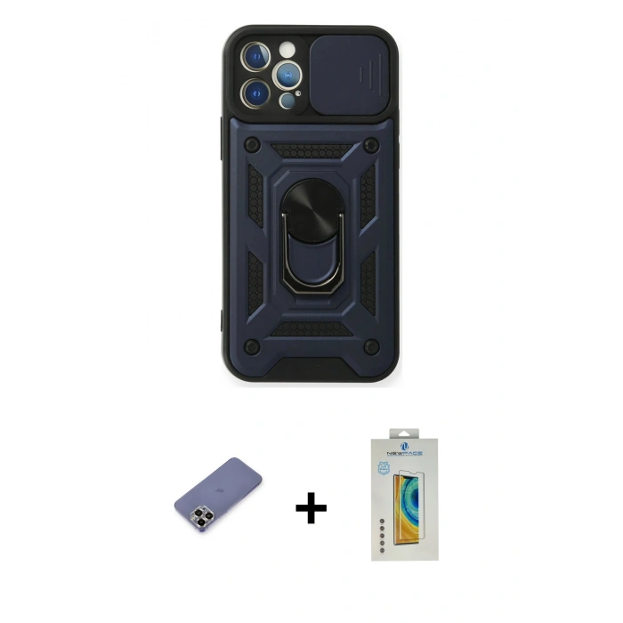 MARSİLYAN™- iPhone 12 Pro Kılıf Ahenk Klasik - Siyah Polymer Nano Ekran Koruyucu + Metal Kamera Lens Koruma Cam - GD
