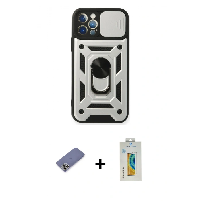 MARSİLYAN™- iPhone 12 Pro Kılıf Ahenk Klasik - Siyah Polymer Nano Ekran Koruyucu + Metal Kamera Lens Koruma Cam - GD