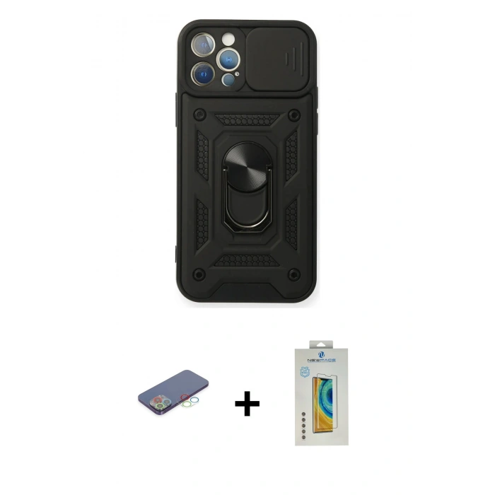 MARSİLYAN™- iPhone 12 Pro Kılıf Ahenk Klasik - Siyah Polymer Nano Ekran Koruyucu + Renkli Kamera Lens Koruma Cam - MI