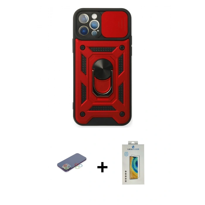 MARSİLYAN™- iPhone 12 Pro Kılıf Ahenk Klasik - Siyah Polymer Nano Ekran Koruyucu + Renkli Kamera Lens Koruma Cam - MI