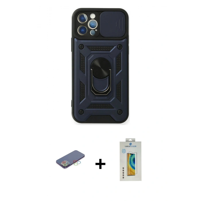 MARSİLYAN™- iPhone 12 Pro Kılıf Ahenk Klasik - Siyah Polymer Nano Ekran Koruyucu + Renkli Kamera Lens Koruma Cam - MI