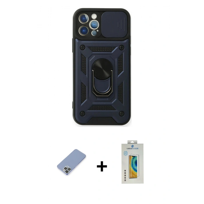 MARSİLYAN™- iPhone 12 Pro Kılıf Ahenk Klasik - Siyah Polymer Nano Ekran Koruyucu + Metal Kamera Lens Koruma Cam - KUYL