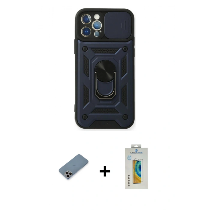 MARSİLYAN™- iPhone 12 Pro Kılıf Ahenk Klasik - Siyah Polymer Nano Ekran Koruyucu + Metal Kamera Lens Koruma Cam - MR