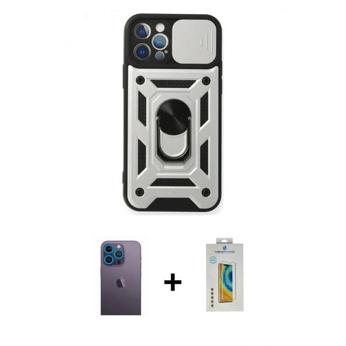 MARSİLYAN™- iPhone 12 Pro Kılıf Ahenk Klasik - Siyah Polymer Nano Ekran Koruyucu + Neon Fosforlu Kamera Lens - MI
