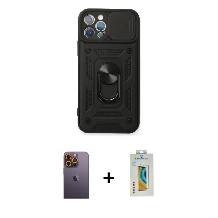 MARSİLYAN™- iPhone 12 Pro Kılıf Ahenk Klasik - Siyah Polymer Nano Ekran Koruyucu + Neon Fosforlu Kamera Lens - SI