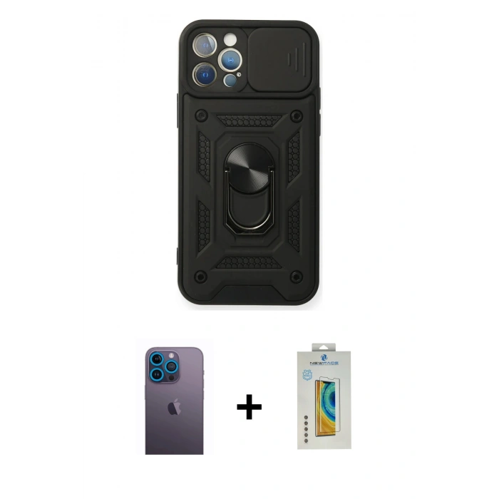MARSİLYAN™- iPhone 12 Pro Kılıf Ahenk Klasik - Siyah Polymer Nano Ekran Koruyucu + Neon Fosforlu Kamera Lens - MI