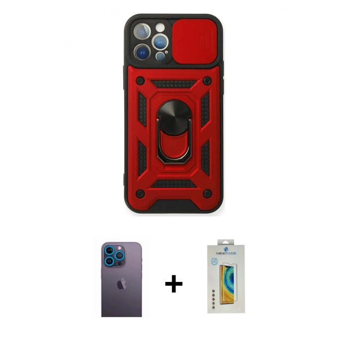 MARSİLYAN™- iPhone 12 Pro Kılıf Ahenk Klasik - Siyah Polymer Nano Ekran Koruyucu + Neon Fosforlu Kamera Lens - MI
