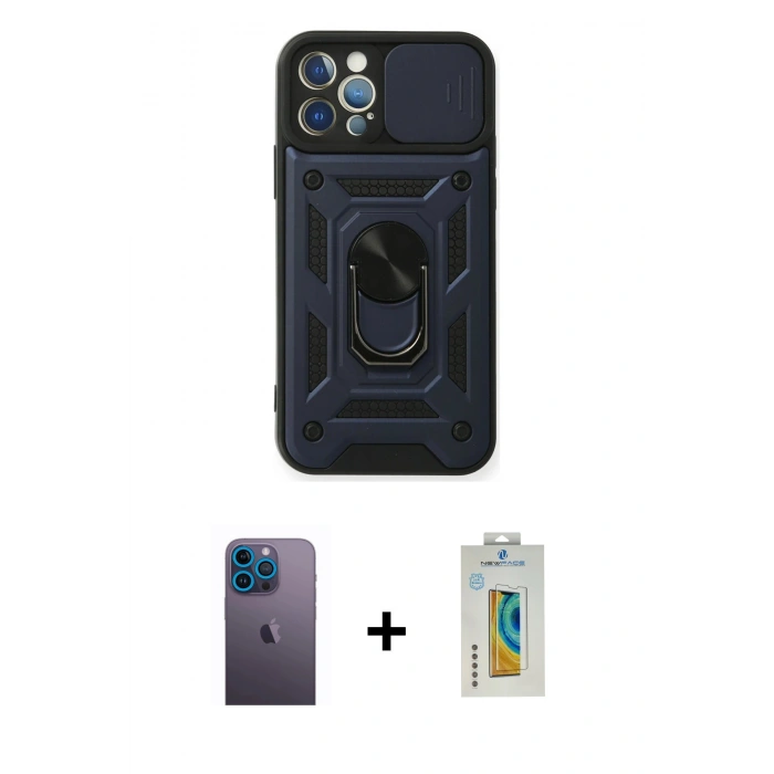MARSİLYAN™- iPhone 12 Pro Kılıf Ahenk Klasik - Siyah Polymer Nano Ekran Koruyucu + Neon Fosforlu Kamera Lens - MI