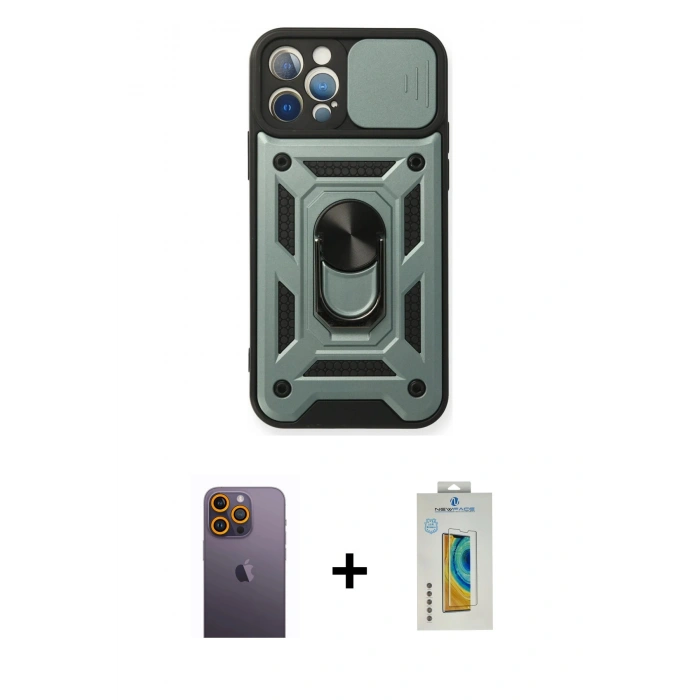 MARSİLYAN™- iPhone 12 Pro Kılıf Ahenk Klasik - Siyah Polymer Nano Ekran Koruyucu + Neon Fosforlu Kamera Lens - SI