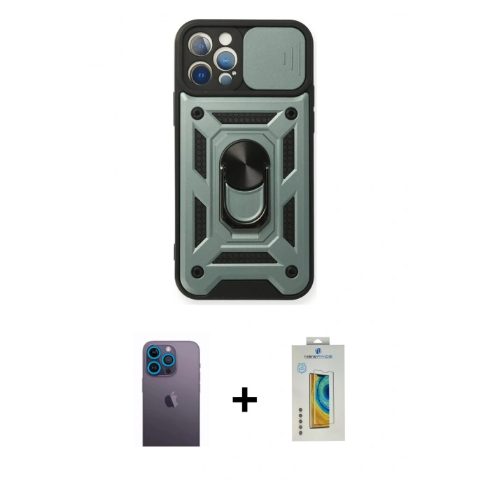 MARSİLYAN™- iPhone 12 Pro Kılıf Ahenk Klasik - Siyah Polymer Nano Ekran Koruyucu + Neon Fosforlu Kamera Lens - MI
