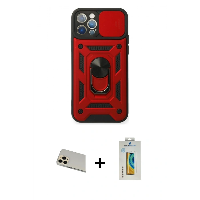 MARSİLYAN™- iPhone 12 Pro Kılıf Ahenk Klasik - Siyah Polymer Nano Ekran Koruyucu + Rainbow Kamera Lens Koruma Cam - GD
