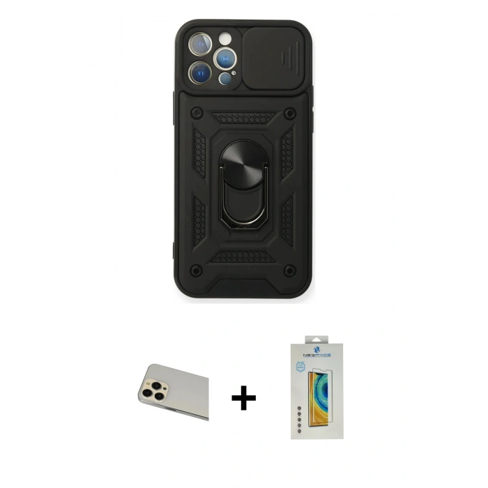 MARSİLYAN™- iPhone 12 Pro Kılıf Ahenk Klasik - Siyah Polymer Nano Ekran Koruyucu + Rainbow Kamera Lens Koruma Cam - GD