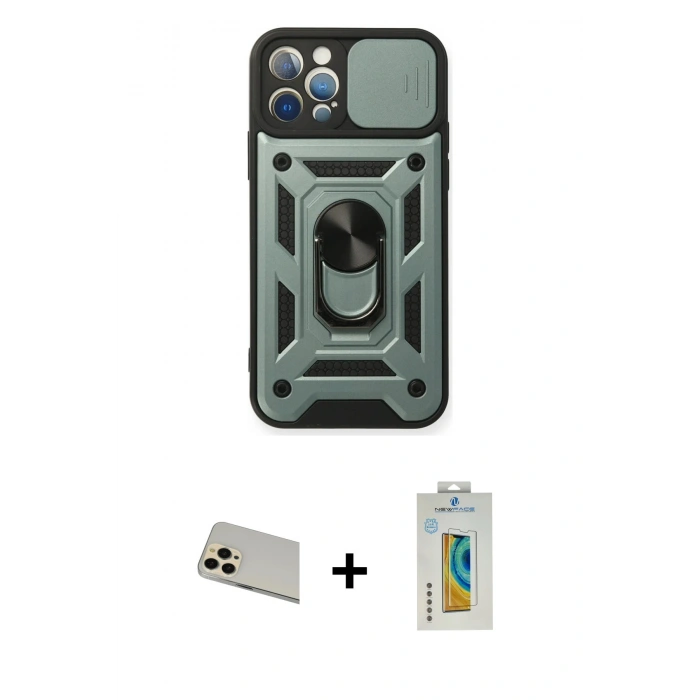 MARSİLYAN™- iPhone 12 Pro Kılıf Ahenk Klasik - Siyah Polymer Nano Ekran Koruyucu + Rainbow Kamera Lens Koruma Cam - GD