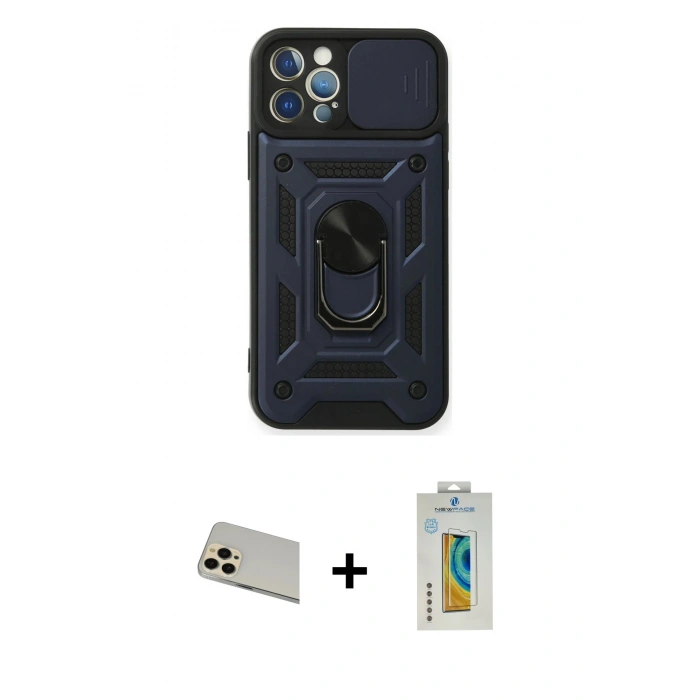 MARSİLYAN™- iPhone 12 Pro Kılıf Ahenk Klasik - Siyah Polymer Nano Ekran Koruyucu + Rainbow Kamera Lens Koruma Cam - GD
