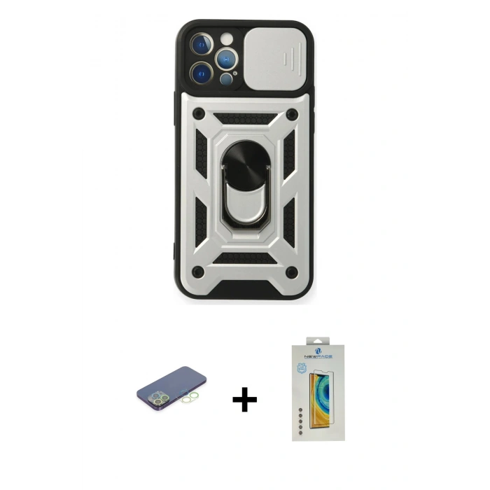 MARSİLYAN™- iPhone 12 Pro Kılıf Ahenk Klasik - Siyah Polymer Nano Ekran Koruyucu + Renkli Kamera Lens Koruma Cam - YL