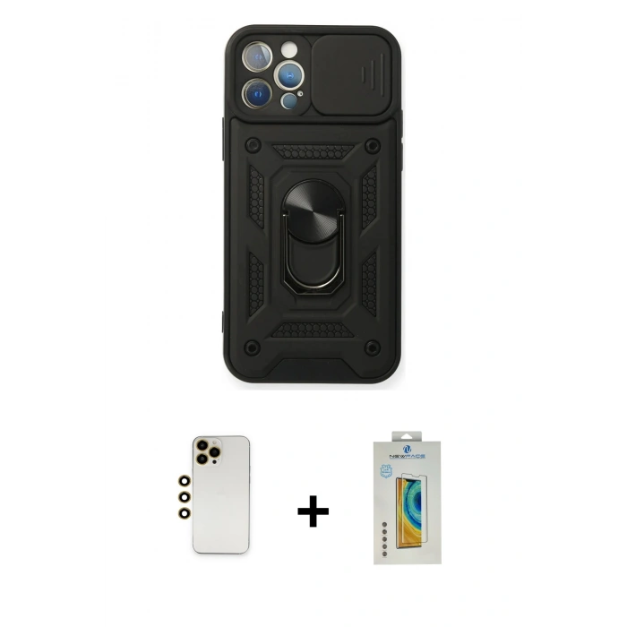 MARSİLYAN™- iPhone 12 Pro Kılıf Ahenk Klasik - Siyah Polymer Nano Ekran Koruyucu + Shine Kamera Lens - GD