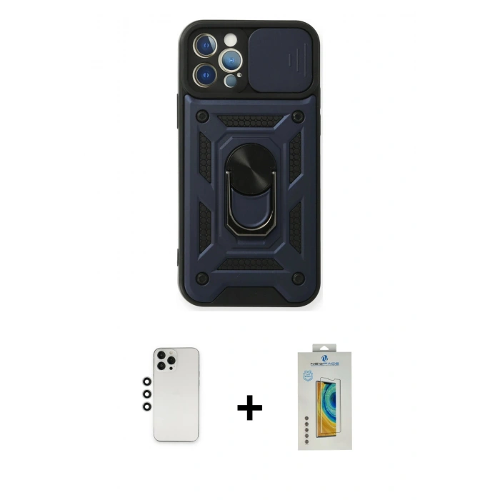 MARSİLYAN™- iPhone 12 Pro Kılıf Ahenk Klasik - Siyah Polymer Nano Ekran Koruyucu + Shine Kamera Lens - GS