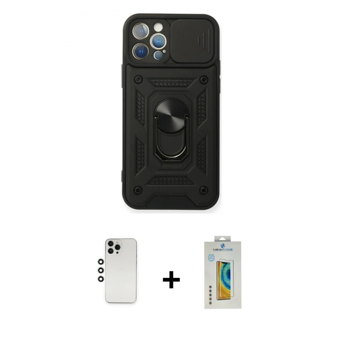 MARSİLYAN™- iPhone 12 Pro Kılıf Ahenk Klasik - Siyah Polymer Nano Ekran Koruyucu + Shine Kamera Lens - GS