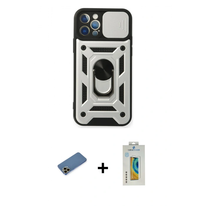 MARSİLYAN™- iPhone 12 Pro Kılıf Ahenk Klasik - Siyah Polymer Nano Ekran Koruyucu + Shine Kamera Lens Koruma Cam - GD