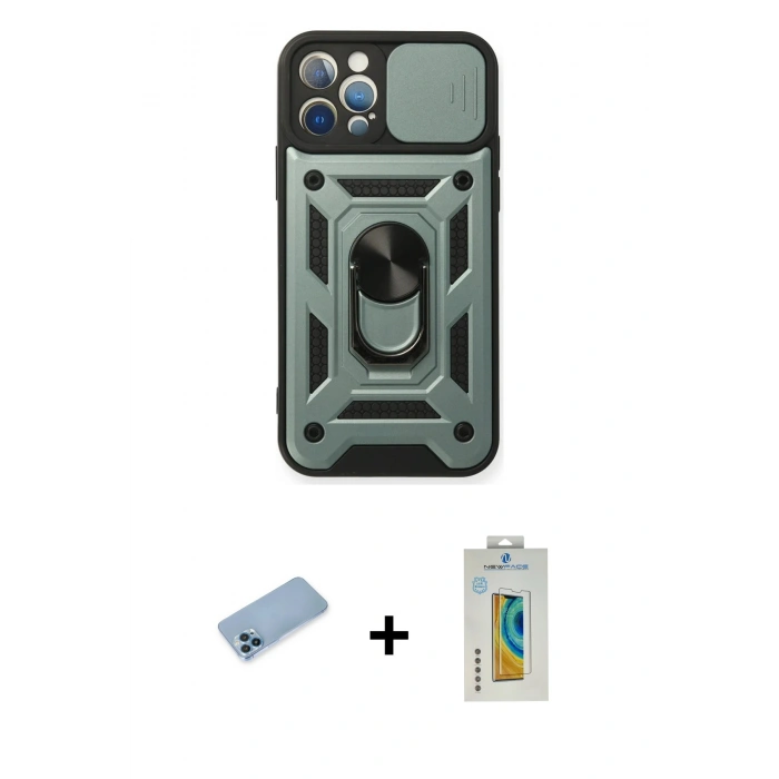MARSİLYAN™- iPhone 12 Pro Kılıf Ahenk Klasik - Siyah Polymer Nano Ekran Koruyucu + Shine Kamera Lens Koruma Cam - MI